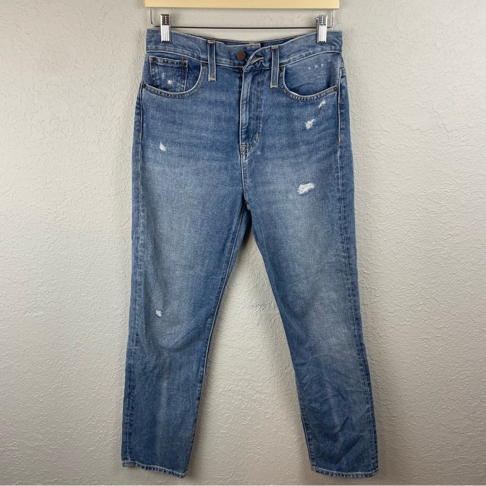 Something Navy Mom Jeans Blue Distressed Straight Leg 8